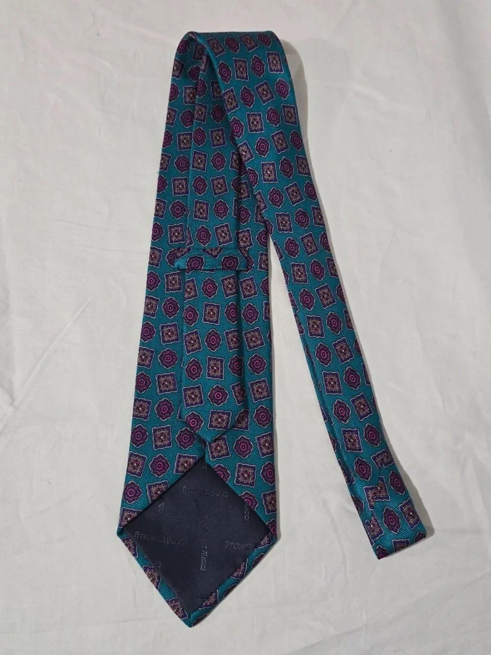 Steffano Ricci Made in Italy 100% Silk Necktie - Blue White Geo - 3 1/2